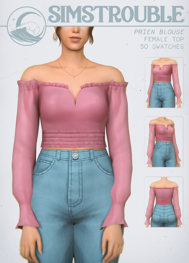 Ein Sims steht mit herunterhängenden Armen da und trägt eine High-Waist-Jeans sowie ein rosa langärmeliges schulterfreies Oberteil mit süßen Rüschen am Saum.