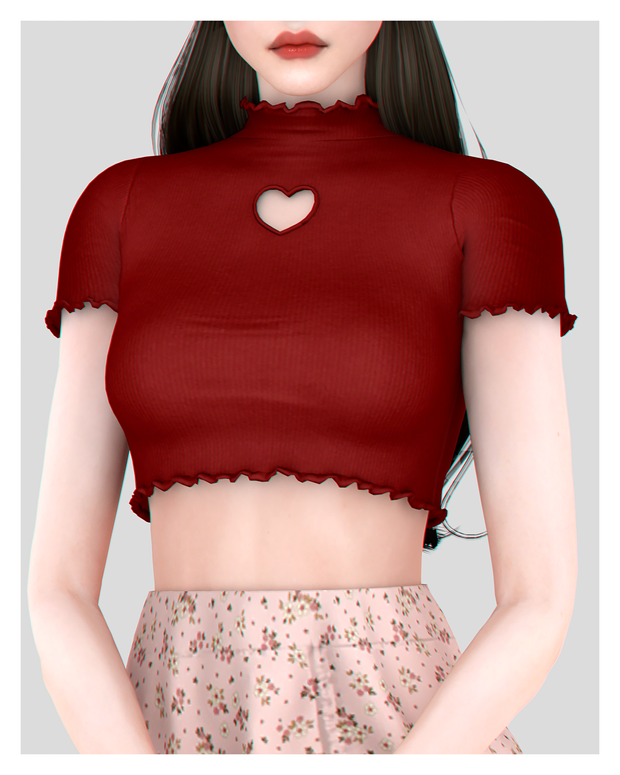 Ein Sim trägt ein süßes rotes Crop-Top mit Rüschen am Saum und an den Armen und am Hals. Auf der Brust befindet sich ein ausgeschnittenes Herz, das eine großartige Option für Sims 4 CC Tops ist.