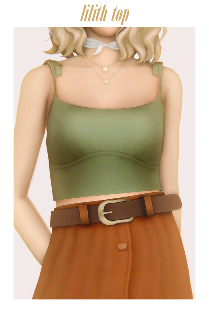 Ein/e Sim trägt ein wirklich süßes Tanktop in einer schönen olivgrünen Farbe. Das Tanktop hat Schleifen an den Schultern gebunden und ist bauchfrei.