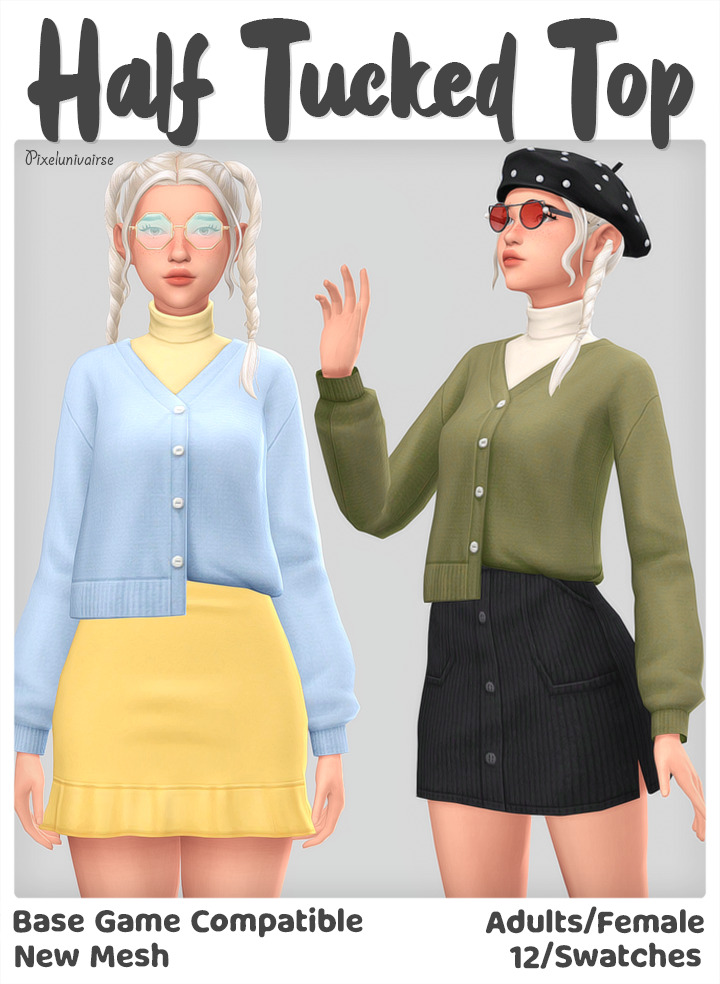 Für Sims, die beide Röcke mit demselben Sims 4 CC-Oberteil tragen. Dieses Oberteil hat einen Rollkragenpullover unter einer Strickjacke, die zugeknöpft ist, aber nur auf einer Seite eingesteckt ist, für einen unterhaltsamen individuellen Stil.