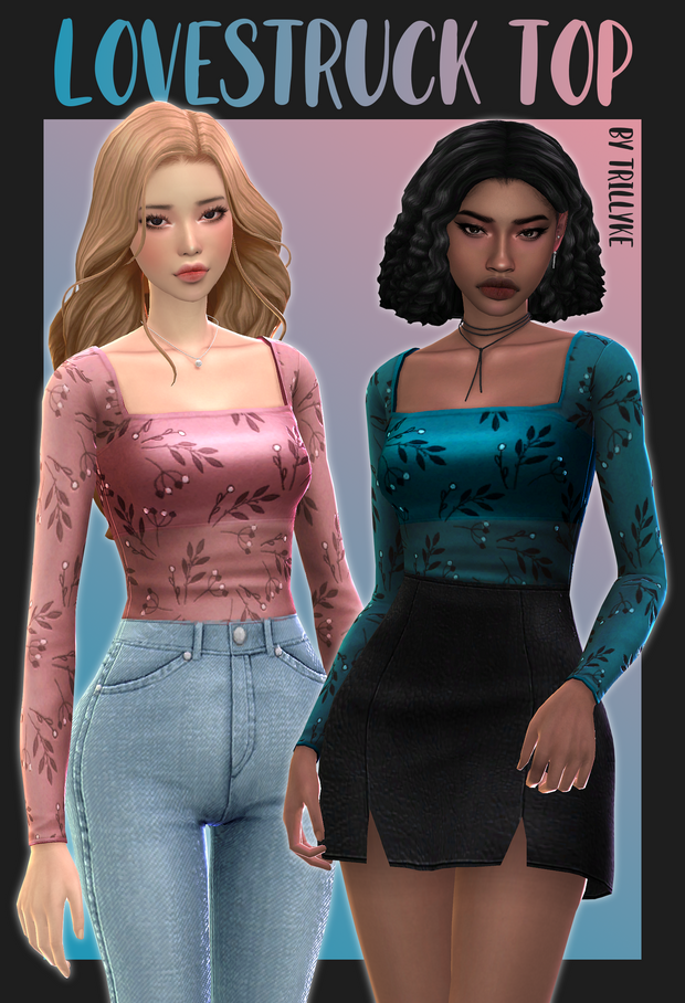 Zwei Sims tragen das gleiche Oberteil mit geradem Ausschnitt und langen Ärmeln, das mit Blättern bedeckt ist #TheSims4 #Sims4CC