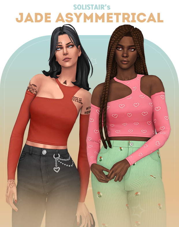 Zwei Sims mit völlig unterschiedlichem Stil tragen dasselbe asymmetrische Sims 4 CC-Top mit langen Ärmeln
