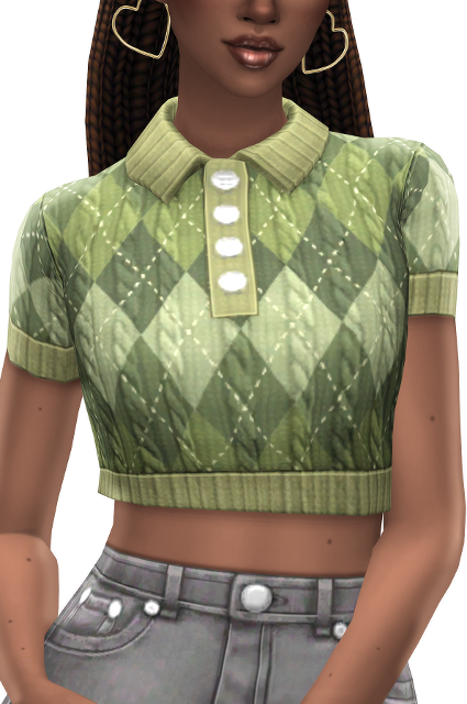 Eine Sim trägt graue Jeans, ein argyle-förmiges T-Shirt-Crop-Top mit Knöpfen an der Vorderseite. Sie haben Ohrringe in Herzform und alles ist Sims 4 Custom Content #TheSims4
