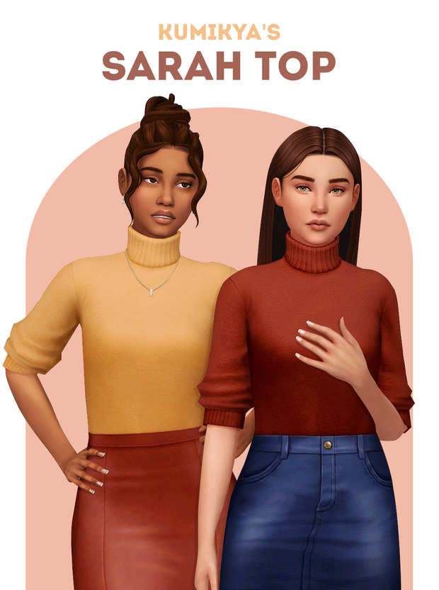Zwei Sims stehen vor einem pfirsichfarbenen Bogen. Sie tragen beide dasselbe Sims 4 benutzerdefinierte Turtleneck-Top mit unterschiedlichen Unterteilen.