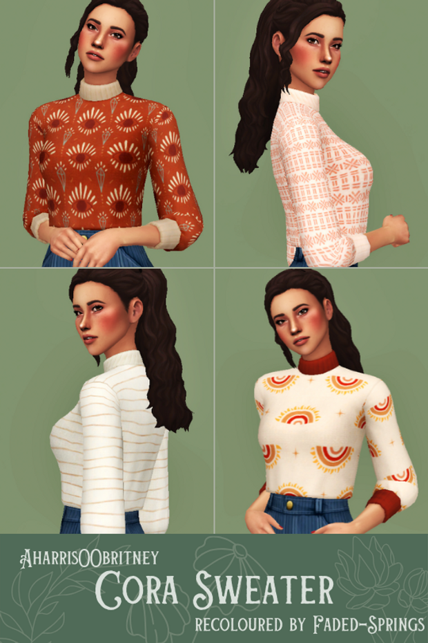 Vier Boxen, jede mit dem gleichen Sim darin. Dieser Sim hat sein Haar zu einem Zopf gebunden, mit einer Gesichtsumrahmung zur Seite, und sie tragen alle das gleiche Sims 4 CC-Top in verschiedenen Farbvarianten.