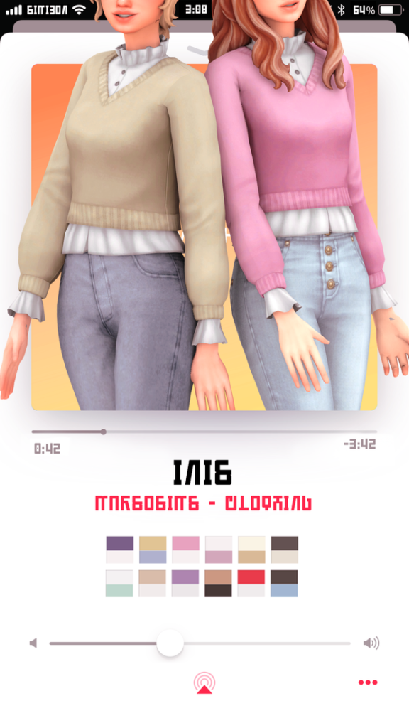 Zwei Charaktere aus Die Sims 4, bei denen die Köpfe aus dem Bild geschnitten sind. Beide tragen weiße Button-Up-Tops mit V-Ausschnitt-Pullovern darunter.