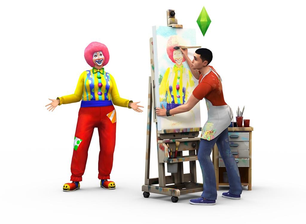 Ein Bild eines männlichen Sims, der ein Bild von einem Sims malt, der als Clown verkleidet ist, vom The Sims 4-Team, ein perfekter Mann für die Malerkarriere