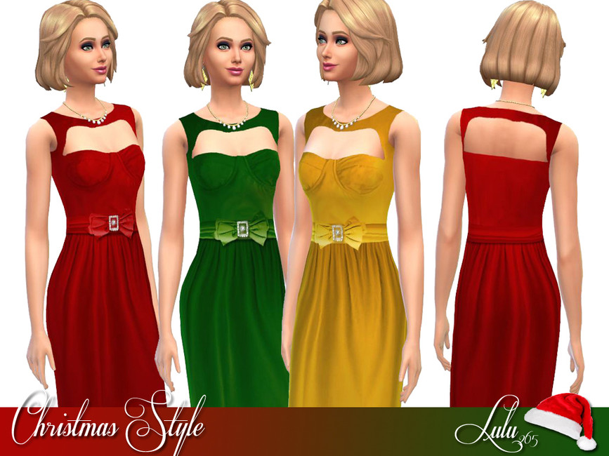 Vier identische Sims in Die Sims 4, die ein Sims 4 Weihnachts-CC-Kleid mit einer mittigen Schleife zeigen
