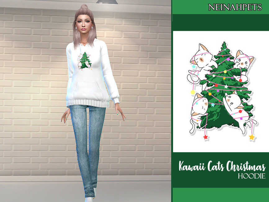 Eine Sim, die auf dich zukommt und einen Sims 4 Kawaii-Katzen-Weihnachts-Hoodie trägt
