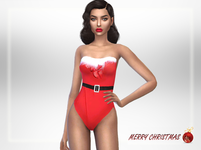 Ein Sim in Die Sims 4 steht mit einer Hand auf der Hüfte und trägt einen Weihnachtskleidung-Badeanzug, der wie der Weihnachtsmann aussieht