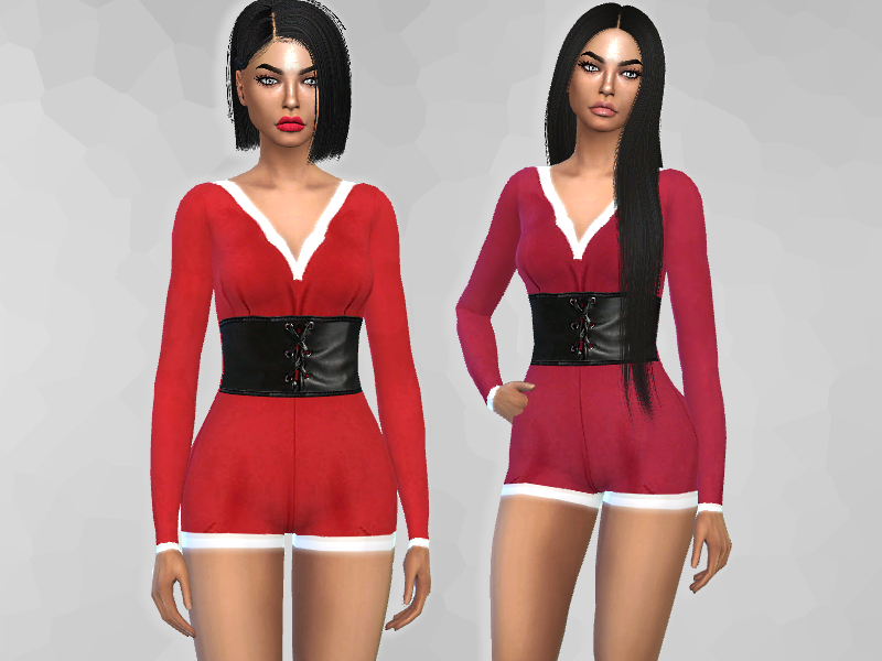 Zwei Sims in einem Weihnachtsanzug mit schwarzem Ledergürtel in der Mitte