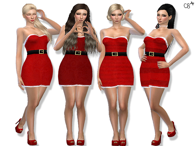 Vier Sims, die ein Weihnachtskleid im Santa-Stil mit Gürtel und allem tragen, perfekt für Sims 4 Weihnachts-CC-Kleidung