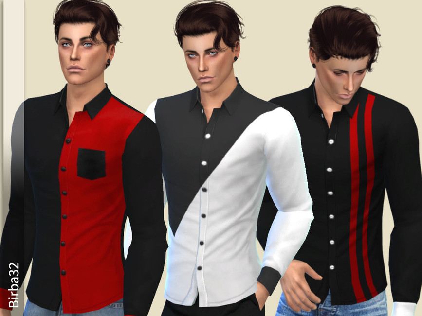 Derselbe Sim dreimal, der verschiedene Versionen des gleichen Sims 4 CC Weihnachtskleidungs-Knopfhemds trägt