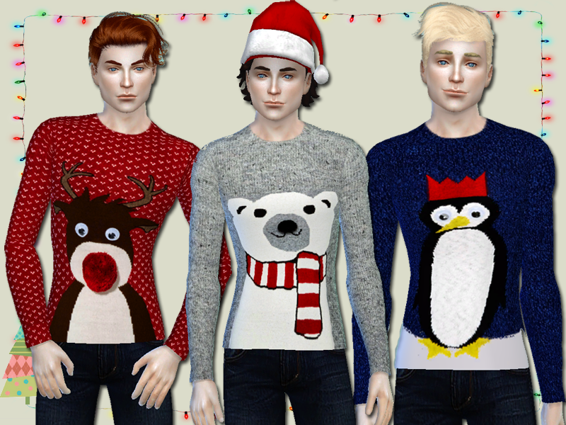 Drei verschiedene Sims tragen einen dünnen Weihnachtspullover. Der erste hat ein Rentier, der zweite einen Eisbären und der dritte ist ein Pinguin.