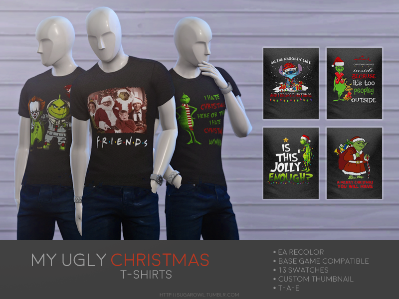 Ein Set von drei Schaufensterpuppen, die Weihnachts-T-Shirts tragen. Diese Shirts haben Popkultur-Motive wie Stitch, den Grinch und Friends. Perfektes Sims 4 CC