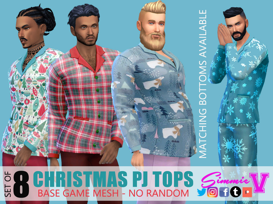 Vier Sims mit verschiedenen Frisuren, die Knopfleiste Weihnachtspyjamaoberteile tragen.