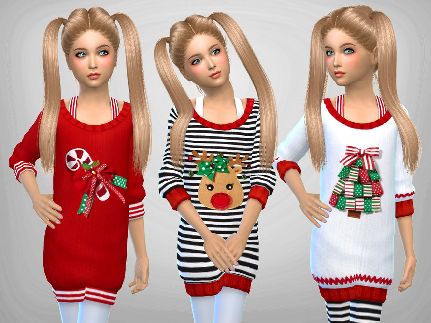 Derselbe blonde Sim mit Zöpfen, dreimal unterschiedlich. In jeder Version trägt der Sim ein Sims 4 CC Weihnachtskleid, das ein Pullover mit Strumpfhosen darunter ist.
