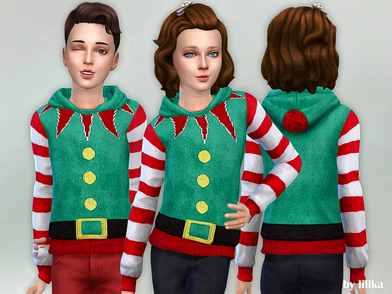 Drei Sims mit braunen Haaren, die passende Elf-Hoodies tragen