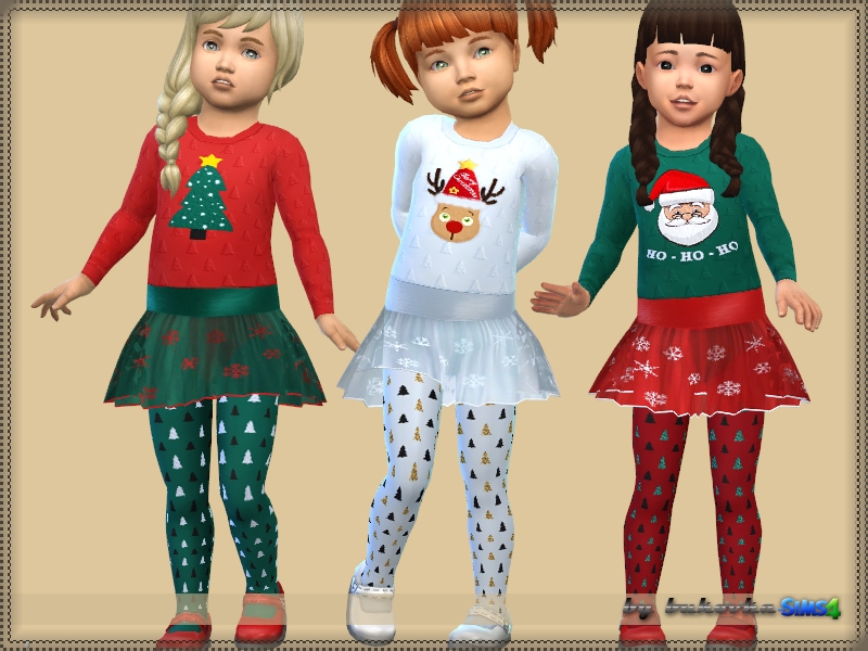 Drei bezaubernde Babys, die ein langärmeliges Weihnachtskleid tragen, das ein Tutu und Strumpfhosen mit Weihnachtsbäumen und Schneeflocken hat