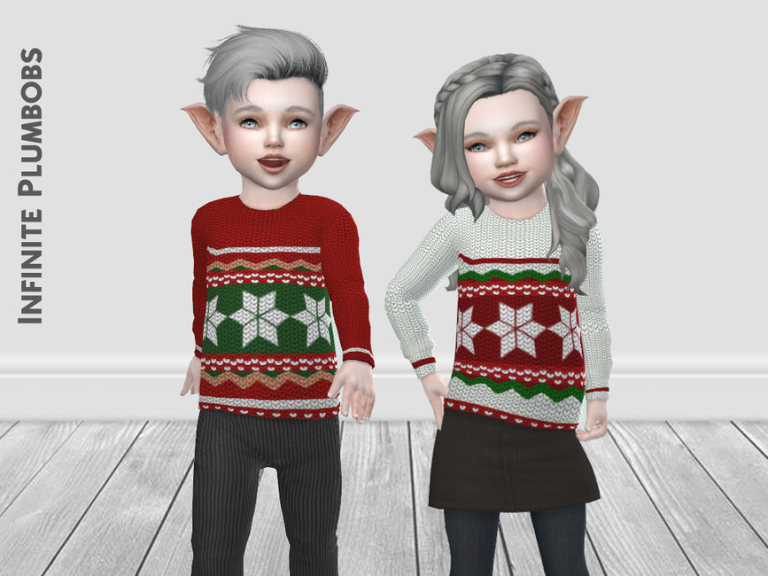 Zwei Sims-Kleinkinder in Die Sims 4 mit Elfenohren und grauen Haaren. Diese Kleinkinder tragen Sims-4-CC-Weihnachtspullover mit einem Strickmuster.