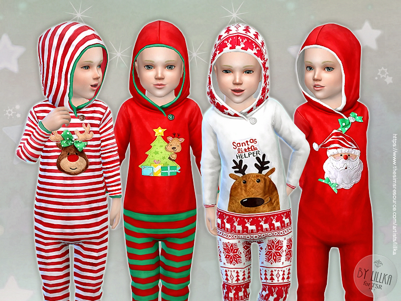 Vier identische Kleinkinder mit blauen Augen, die einen cc-Weihnachts-Schlafanzug tragen.