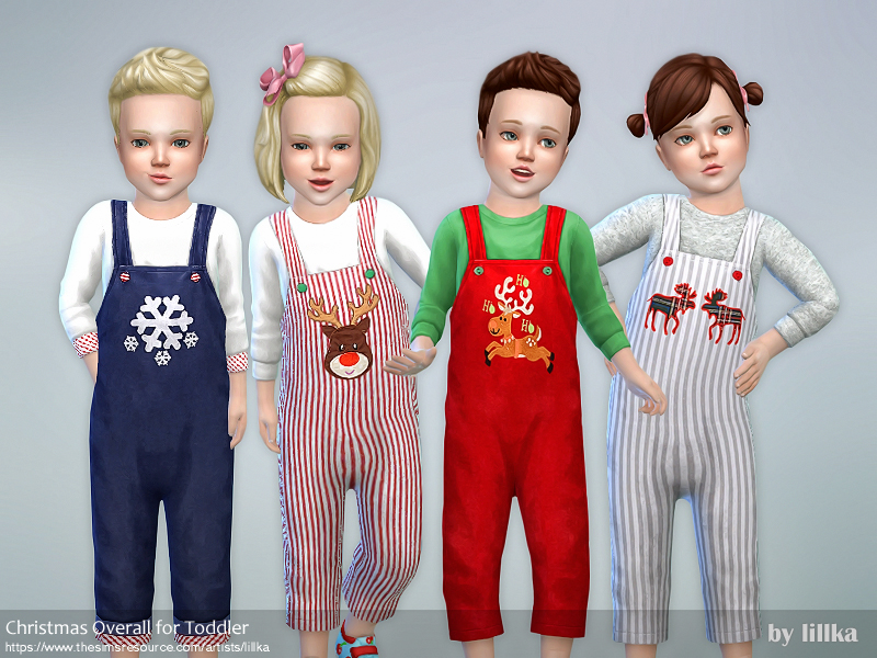 Vier Kleinkinder-Sims in Die Sims 4, die Sims 4 Weihnachts-CC-Kleidung tragen, nämlich eine Latzhose über einem Langarmshirt.