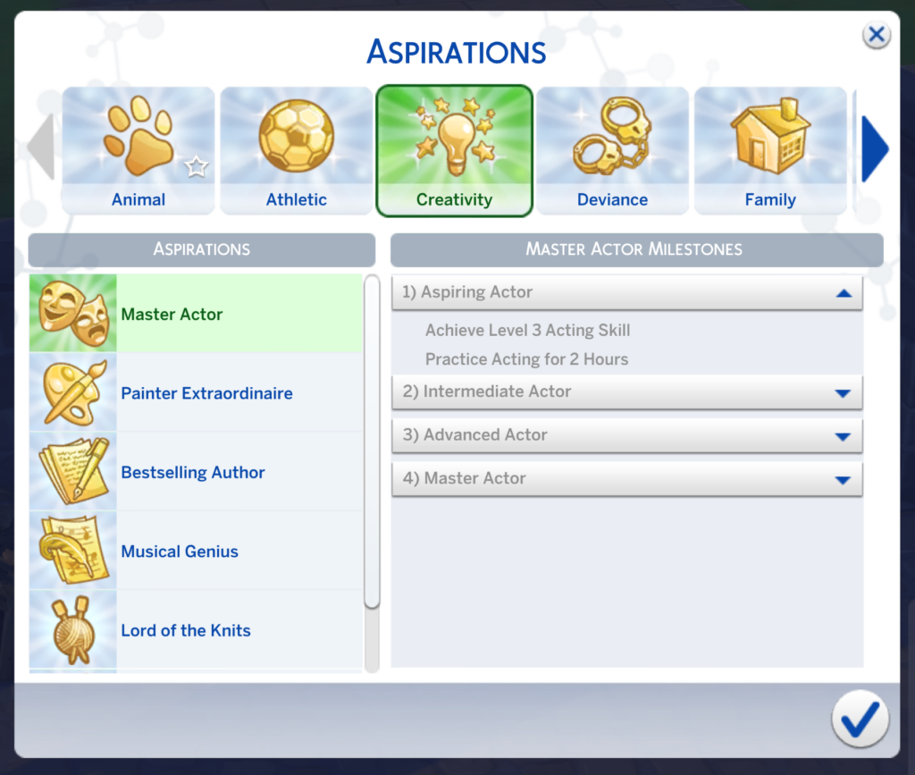 sims 4 master actor aspiration aspiring actor level