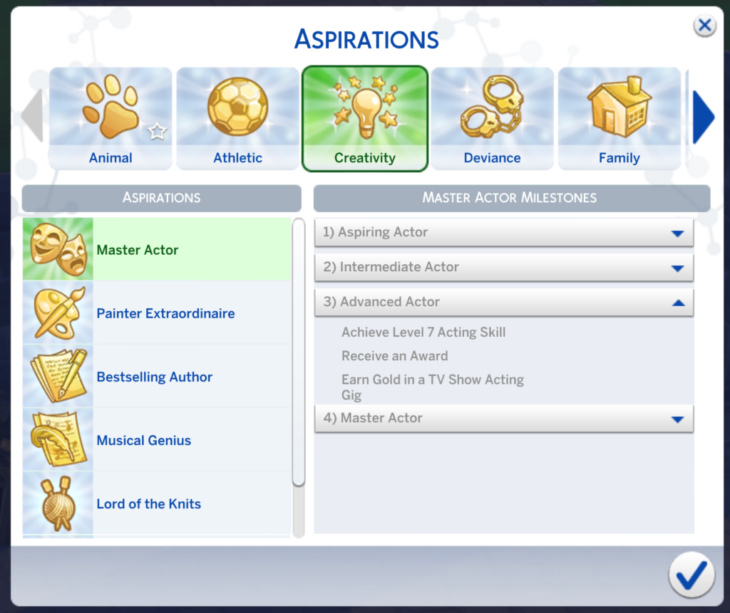 Level 3 der Sims 4 Meister-Schauspieler-Aspiration