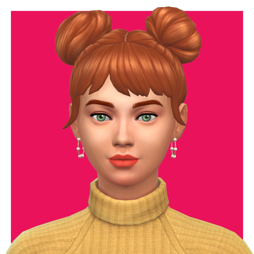 Ein Sim schaut direkt auf dich, sie hat rote Haare und grüne Augen. Sie trägt Sims 4 CC Hoop-Ohrringe mit kleinen Perlen, die den Reifen umgeben.