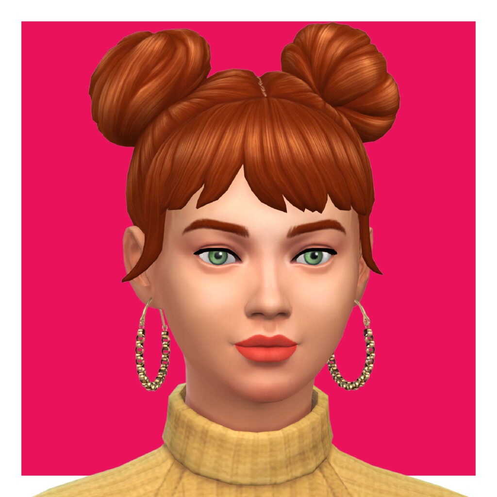 Eine Sim mit roten Haaren in Space Buns und Pony. Sie hat grüne Augen und einen gelben Pullover und ihre Ohrringe sehen aus wie eine Reihe von kleinen Ketten, die zusammengefügt sind.