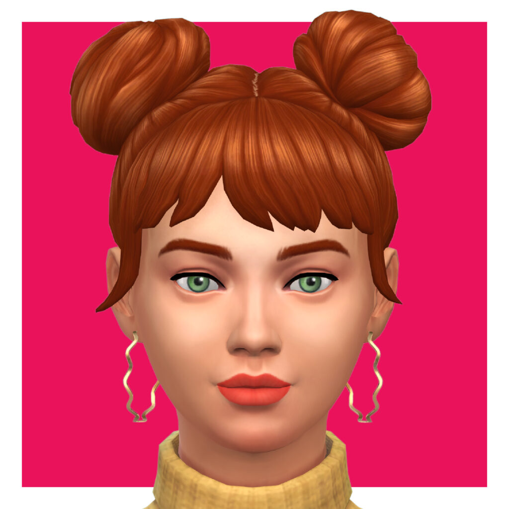 Ein Charakter aus Die Sims 4, der ein Paar CC-Hoop-Ohrringe trägt, die einen gewellten Kreis statt eines perfekt geraden Kreises haben.