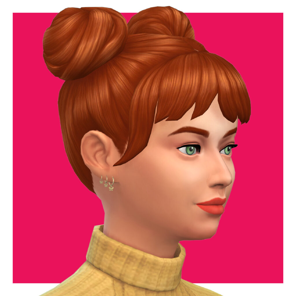 Ein Sim mit roten Haaren und grünen Augen trägt einen gelben Pullover mit drei kleinen Ringen, an denen Schmetterlinge baumeln.
