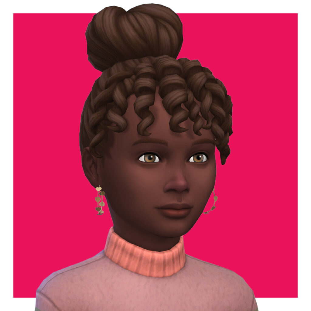 Ein Sim mit braunem Haar zu einem Dutt mit lockigen Ponyfransen. Ihre Ohrringe sind ein Paar Sims 4 CC-Hoop-Ohrringe, die Herzen um sie herum haben.