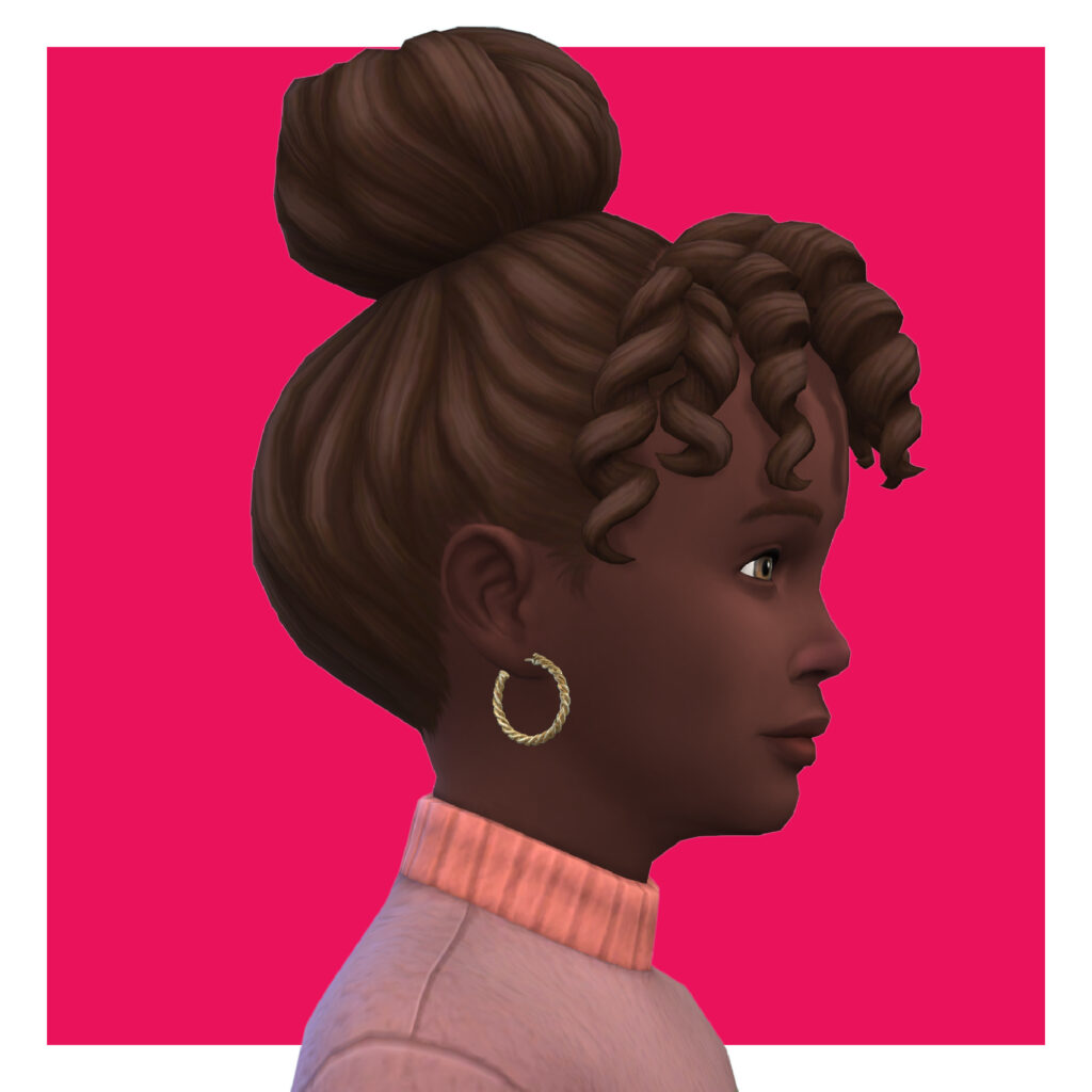 Ein Sim mit braunem Haar zu einem Dutt gebunden und gewelltem Pony. Er trägt einen rosa Pullover und Sims 4 CC Creolen-Ohrringe, die wie Seile aussehen.