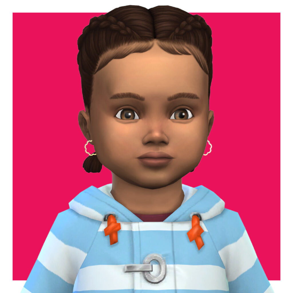 Ein Sim mit braunen Augen und braunen Haaren trägt eine blaue gestreifte Jacke. Sie hat ein Paar goldene Hängeohrringe, die wie kleine Wolken aussehen, in Die Sims 4.