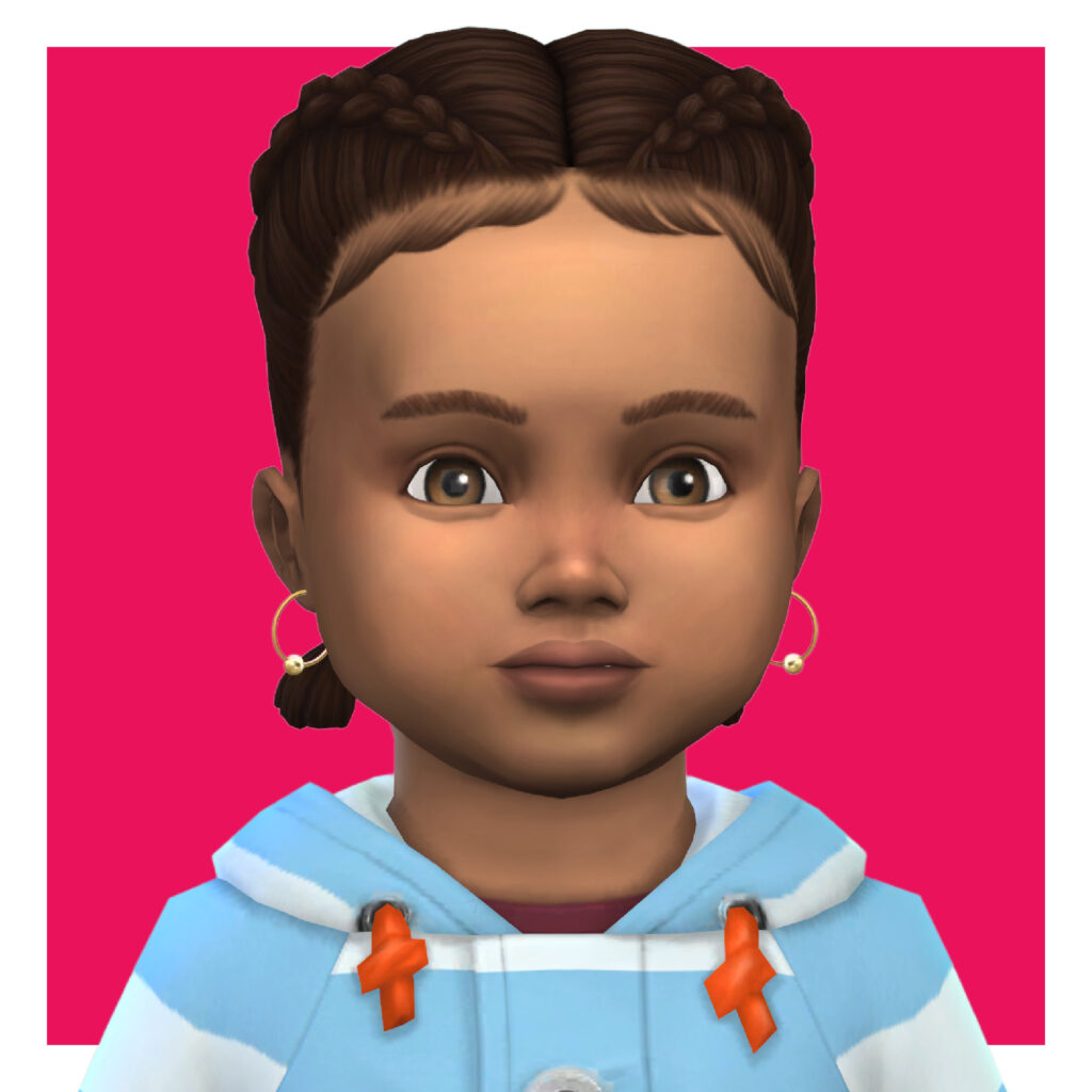 Ein Sim mit braunen Haaren und braunen Augen schaut direkt auf dich. Sie haben ihre Haare geflochten und tragen eine gestreifte Jacke mit goldenen Sims 4 CC Hoop-Ohrringen mit einer kleinen Kugel unten. 