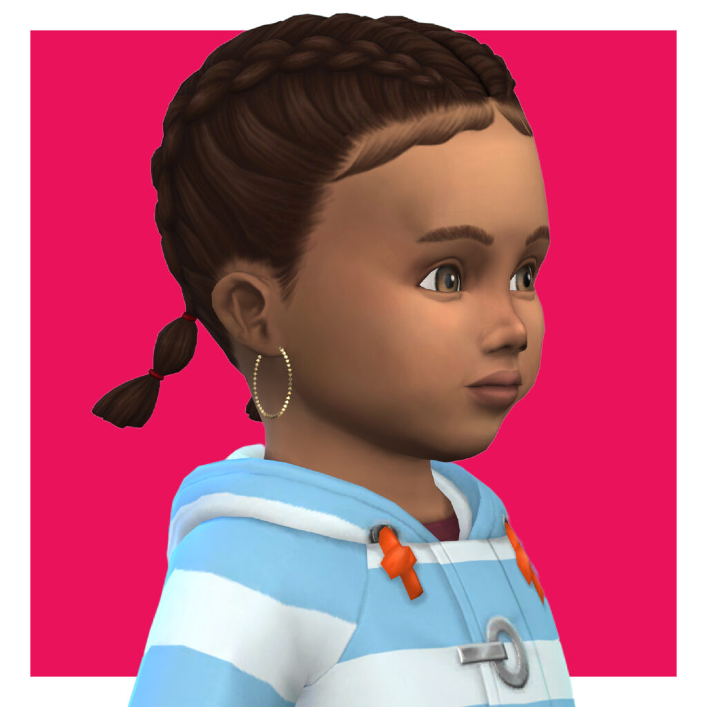 Ein Sim mit braunen Augen und braunen Haaren in zwei französischen Zöpfen. Sie trägt eine gestreifte Jacke und goldene Sims 4 CC-Hängeohrringe.