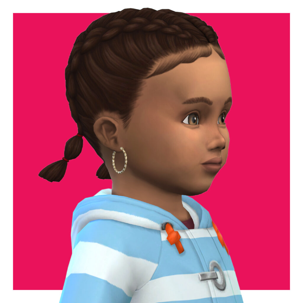 Ein Kleinkind-Charakter aus Die Sims 4, der sich auf einem rosa Hintergrund befindet. Sie tragen eine blaue und weiße gestreifte Jacke, haben ihre Haare in Zöpfen und tragen CC-Hoop-Ohrringe.