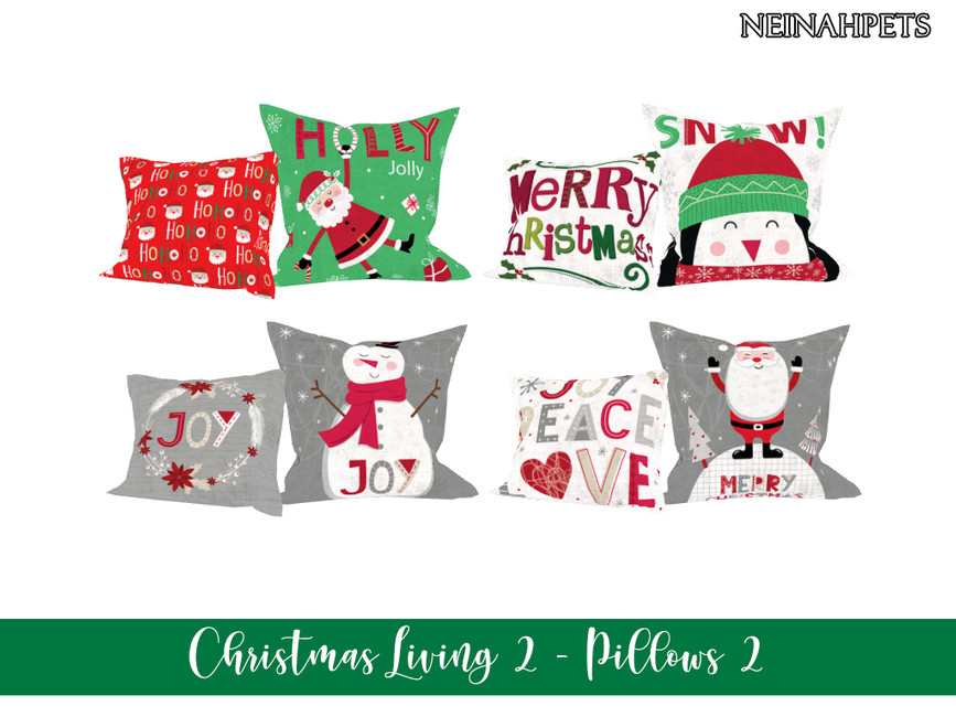 Ein Set von Sims 4 CC Weihnachts-Clutter-Kissen. Diese Kissen haben Schneemänner, Pinguine, den Weihnachtsmann und festliche Sprüche auf sich.