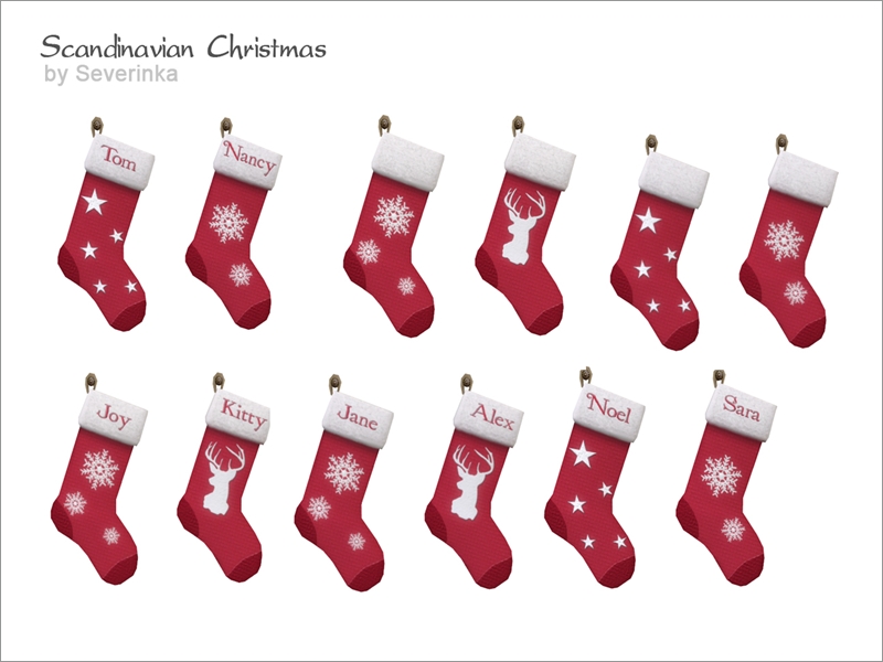 Ein Satz entzückender CC-Cluttersocken zum Dekorieren in Die Sims 4. Sie sind rot mit Schneeflocken oder Sternen auf dem Hauptteil der Socke, einige von ihnen haben sogar Namen oben.