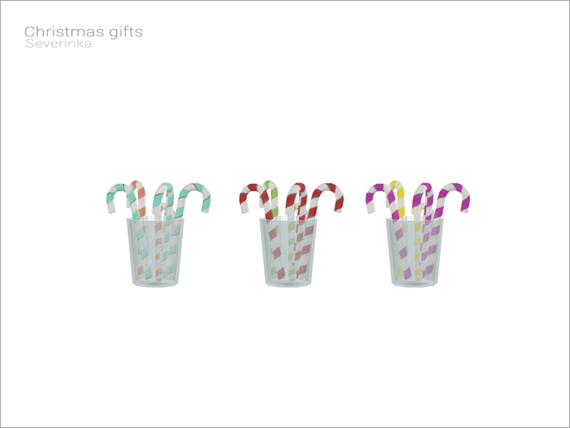 Ein transparenter Becher, gefüllt mit Zuckerstangen in verschiedenen Farben. Dies ist ein großartiges Objekt für Sims 4 CC Weihnachts-Clutter.
