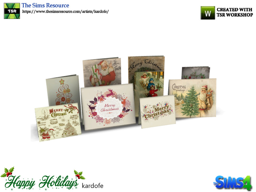 Ein Set dekorativer CC Weihnachtskarten mit Bildern von Santa Claus, spielenden Kindern und mehr. Perfekt zum Dekorieren in Die Sims 4.