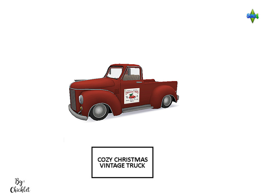 Ein dekorativer alter Vintage-Truck in Rot mit einem Schild für einen Weihnachtsbaumhof an der Seite.