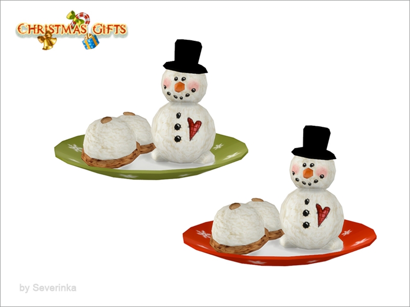 Ein abgerundeter Teller mit einem Schneemann obendrauf, der ein kariertes Herz hat, darauf befinden sich auch zwei kleine runde Desserts.