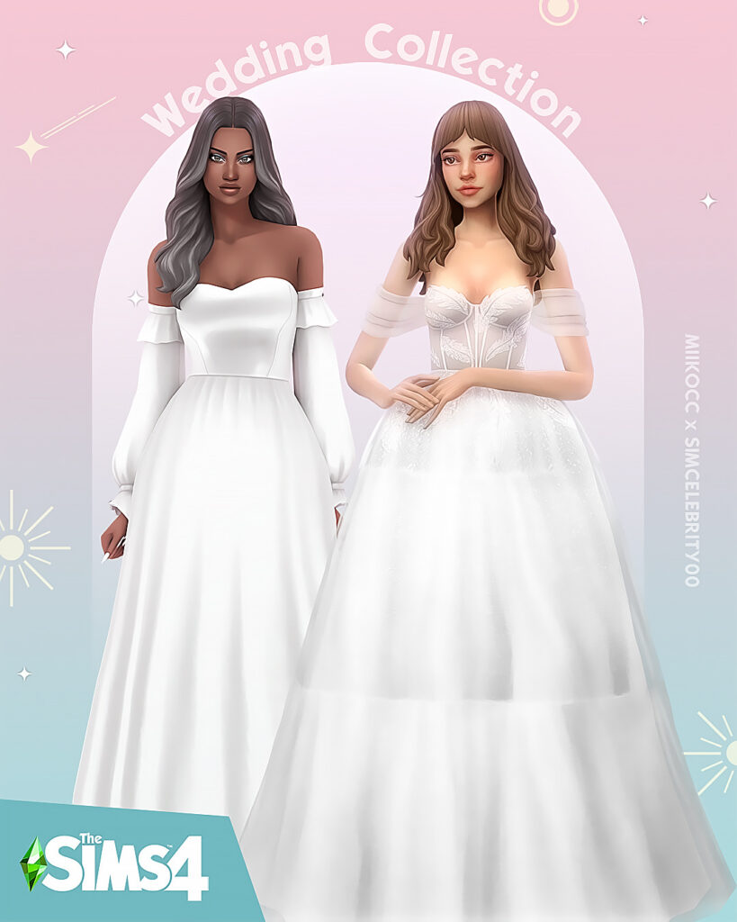 Das Cover für ein Sims 4 CC Hochzeitskleider-Pack mit zwei Sims, die wunderschöne Kleider tragen