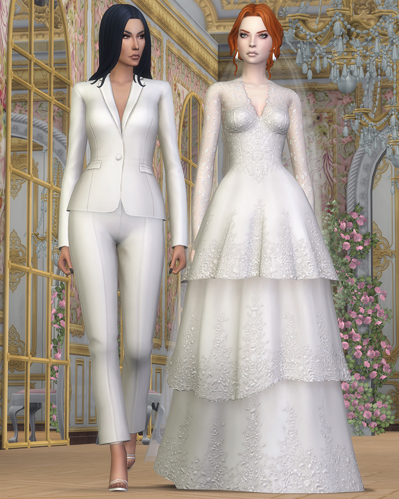 Zwei Sims stehen in einer wunderschönen Hochzeitslocation und tragen entweder einen maßgeschneiderten weißen Anzug oder ein Kleid mit Lagen in Die Sims 4