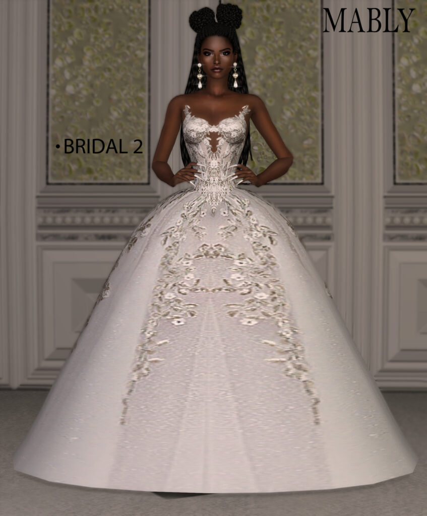 Eine Hochzeitskleid-Option für Die Sims 4, die ein lustiges CC-Kleid mit einem großen Rock und einem trägerlosen Oberteil ist