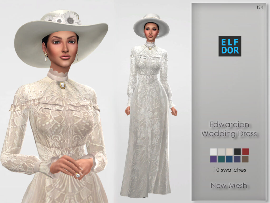 Ein sehr altmodisches Brautkleid im edwardianischen Stil mit vielen Details, langen Ärmeln und einem hohen Kragen für deinen Sims 4 Brautkleid-Ordner