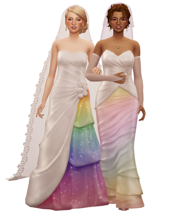 Zwei Frauen in Hochzeitskleidern cc-Optionen in Die Sims 4, die wunderschöne Regenbogenmuster auf den Rock bringen