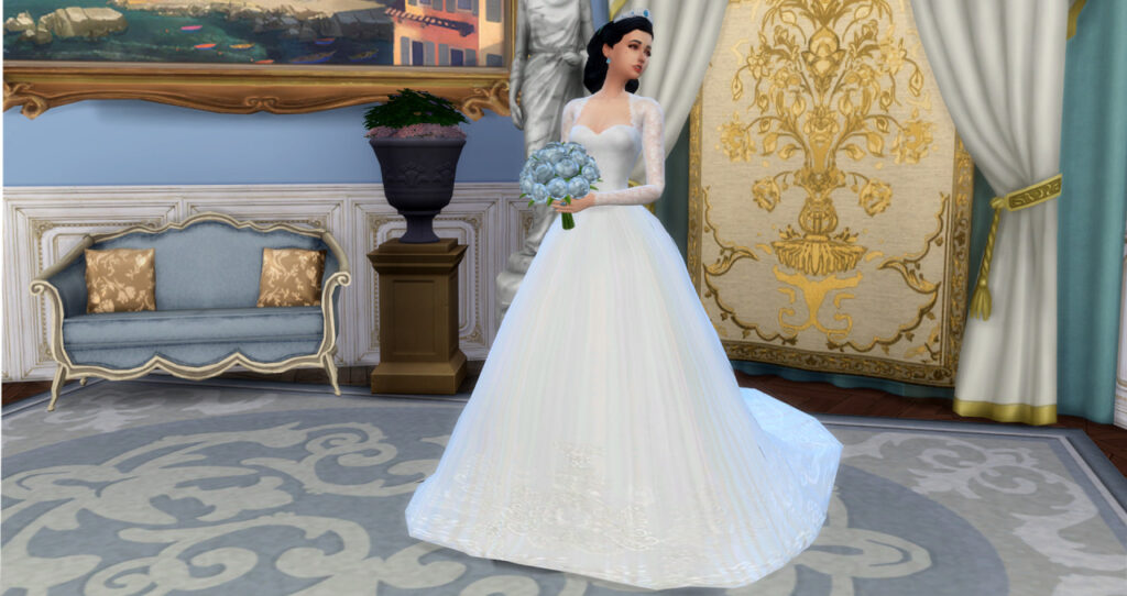 Ein Sims 4 CC-Brautkleid, das von Kate Middletons Kleid inspiriert ist